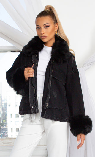 Ski Bunny <br><span>Black Denim Black Faux Fur Long Sleeve Zipper Drawstring Flap Pocket Outerwear Jacket Coat</span>