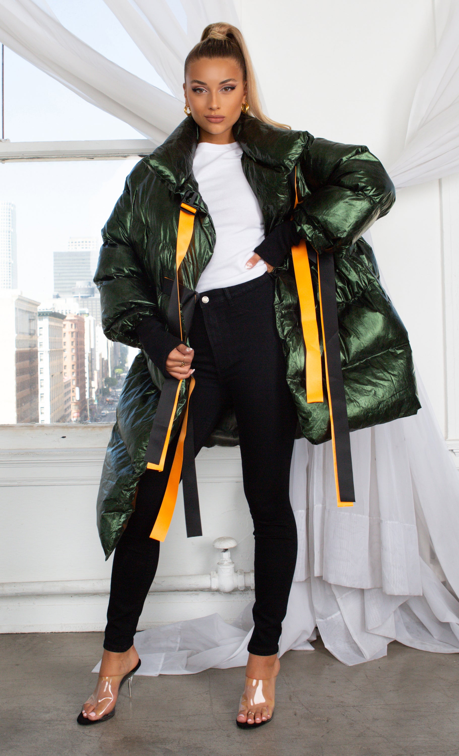 Armored Up , Green Long Sleeve Down Quilted Oversized Ribbon Trim  Asymmetric Puffy Winter Coat Outerwear
