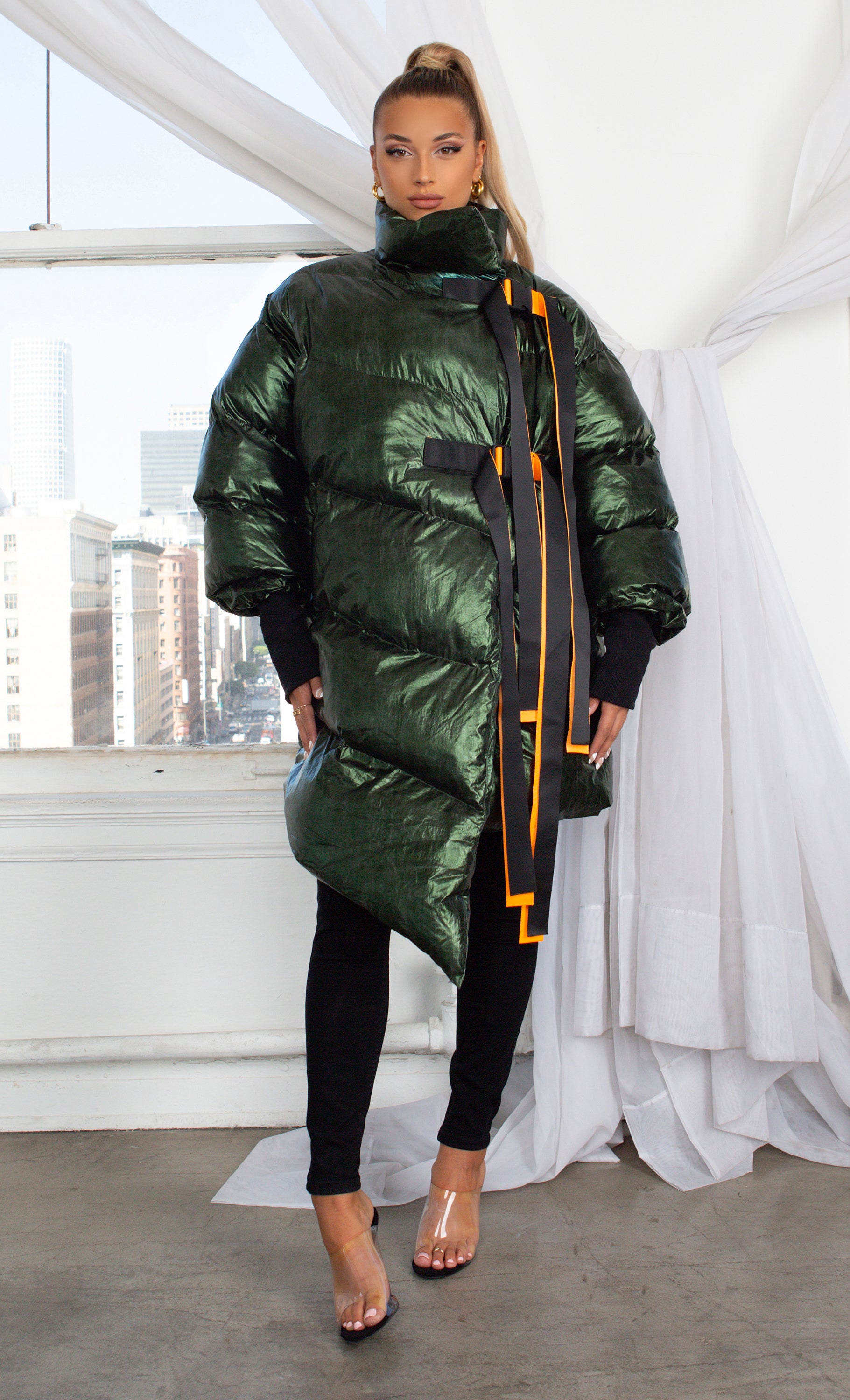 Armored Up , Silver Long Sleeve Down Quilted Oversized Ribbon Trim  Asymmetric Puffy Winter Coat Outerwear