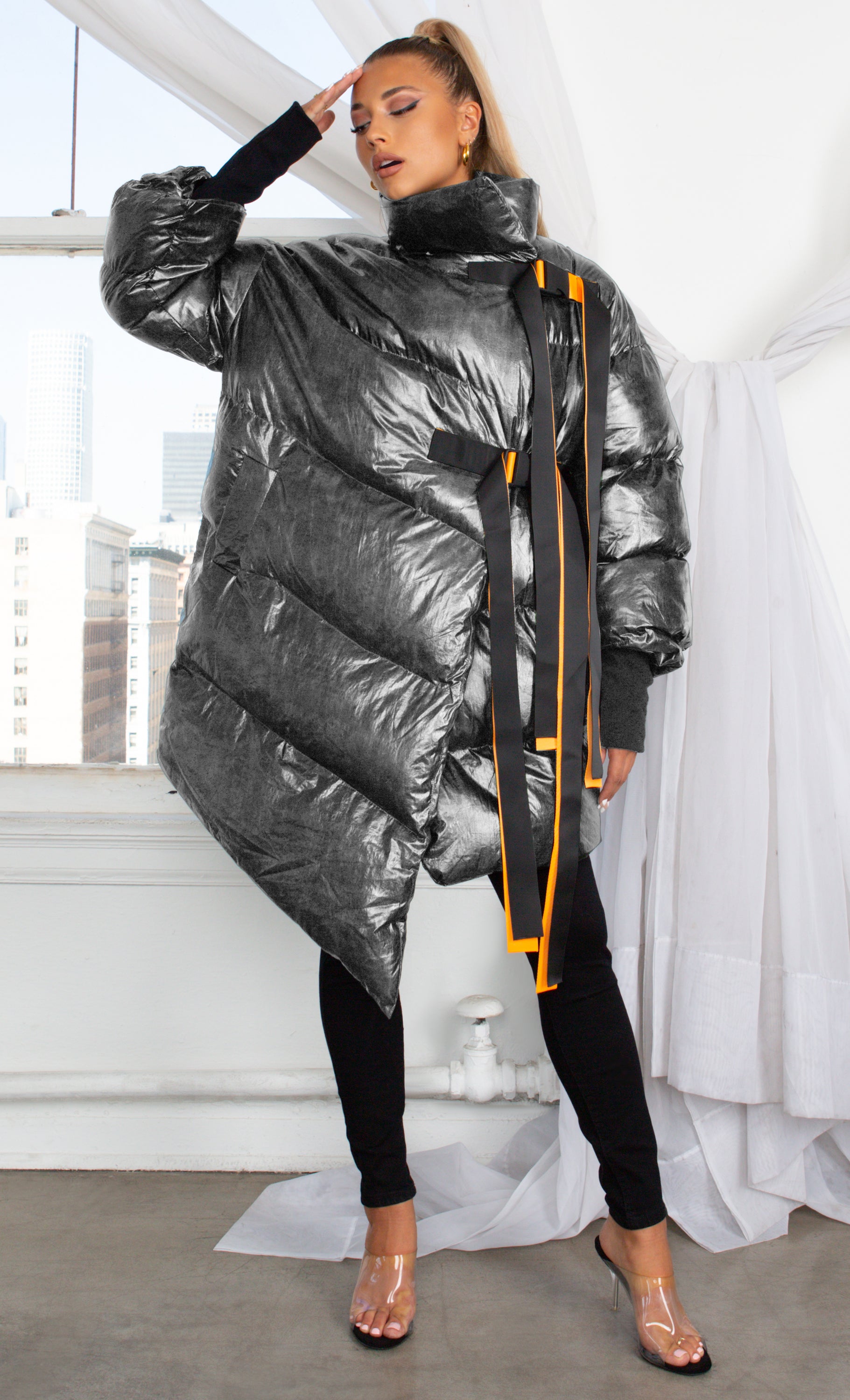 Armored Up , Silver Long Sleeve Down Quilted Oversized Ribbon Trim  Asymmetric Puffy Winter Coat Outerwear