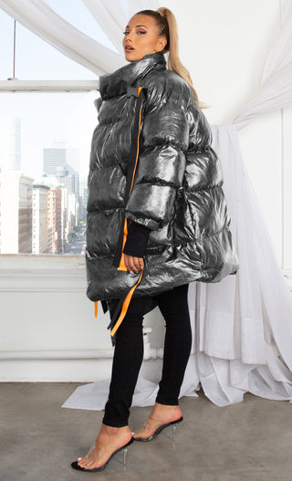 Armored Up <br><span> Black Long Sleeve Down Quilted Oversized Ribbon Trim Asymmetric Puffy Winter Coat Outerwear</span>