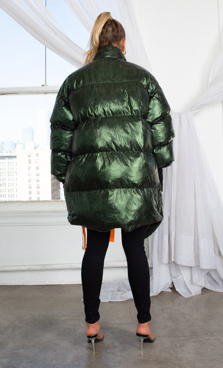 Armored Up  <span><br>Green Long Sleeve Down Quilted Oversized Ribbon Trim Asymmetric Puffy Winter Coat Outerwear</span>