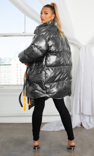Armored Up <br><span> Silver Long Sleeve Down Quilted Oversized Ribbon Trim Asymmetric Puffy Winter Coat Outerwear</span>