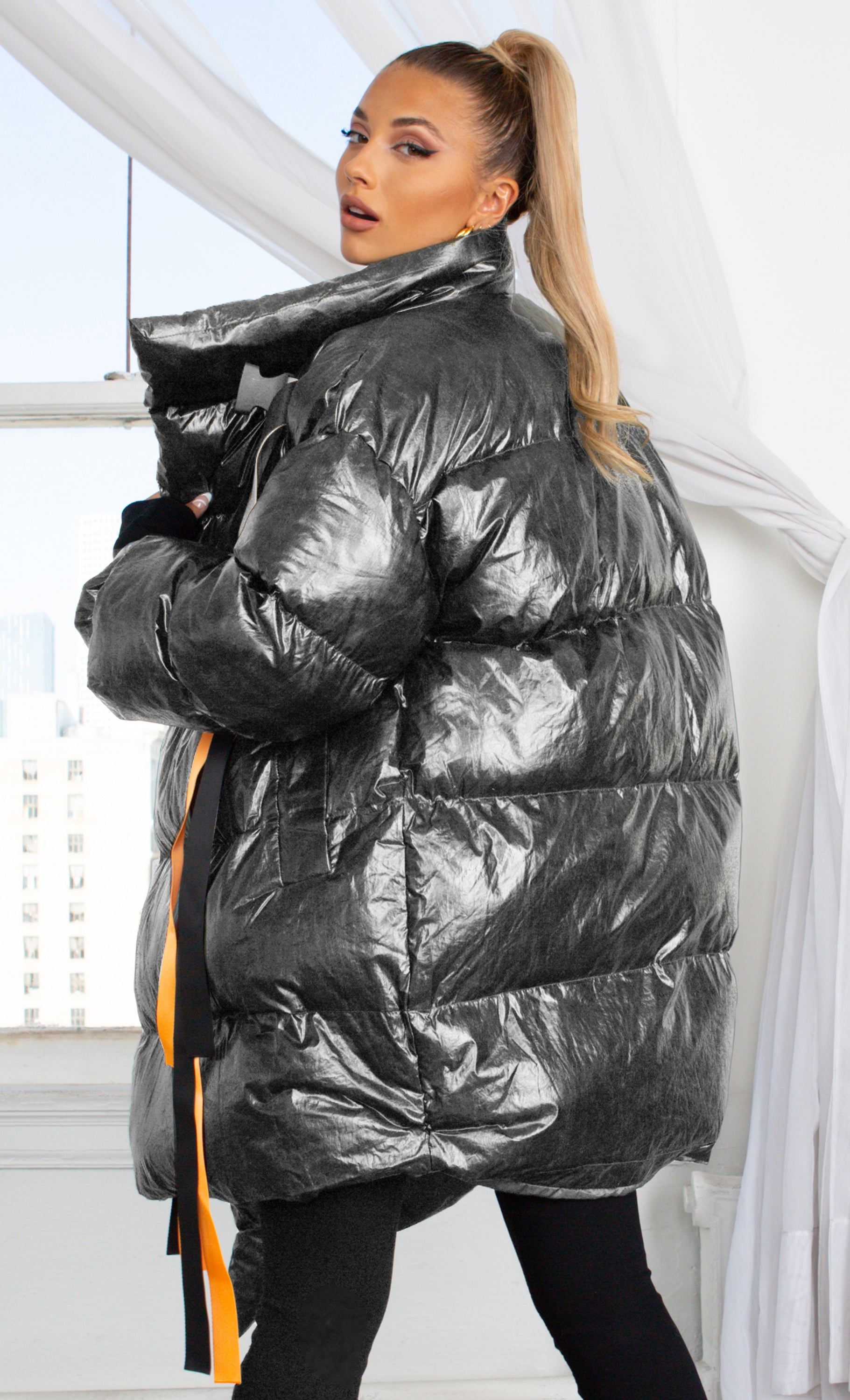 Armored Up , Silver Long Sleeve Down Quilted Oversized Ribbon Trim  Asymmetric Puffy Winter Coat Outerwear