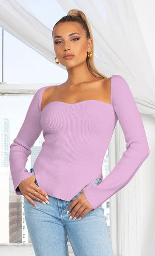 Parisian Soul Green Ribbed Long Sleeve Stretchy Bustier Sweetheart Neckline Cut Out Hem Pullover Sweater Knit Top