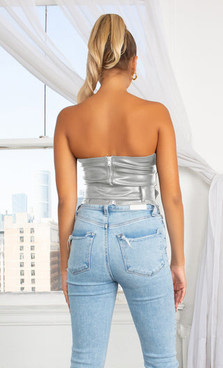 Dominate The Scene Silver PU Faux Leather Sweetheart Bustier Riveted Zipper Belted Crop Strapless Top