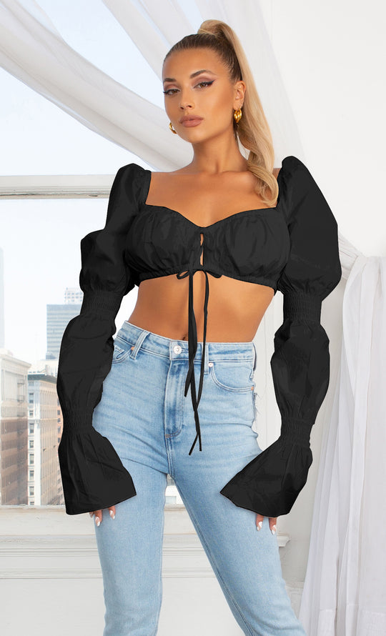 Indie XO | Riding My Coat Tails White Long Sleeve Plunge V Neck Hook and Eye Crop Top, XS / Black | Womens