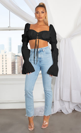 Rules Of Love Black Puff Poplin Bubble Long Sleeve Lace Up Sweetheart Crop Top