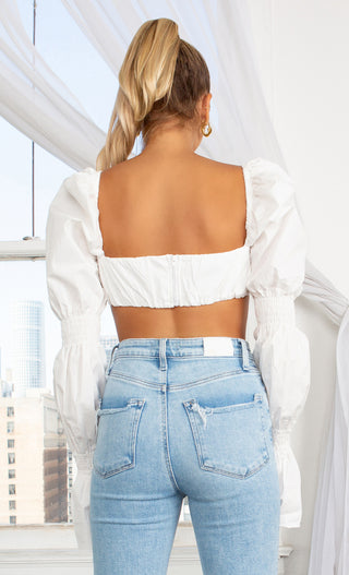 Rules Of Love White Puff Poplin Bubble Long Sleeve Lace Up Sweetheart Crop Top