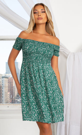 Better With You Green Floral Pattern Short Sleeve Off The Shoulder Skater Flare Casual Mini Dress