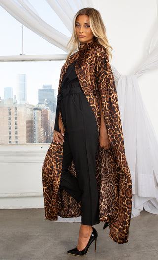Devilish Mind Leopard Print Animal Pattern Long Sleeve Cloak Cape Open Front Maxi Coat Outerwear