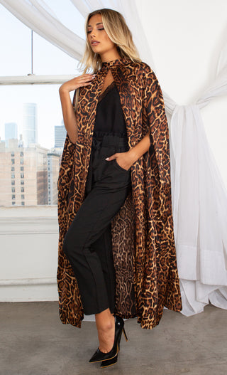 Devilish Mind Leopard Print Animal Pattern Long Sleeve Cloak Cape Open Front Maxi Coat Outerwear