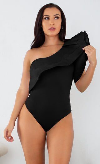 Beach Chic <br><span> Black One Shoulder Stripe Pattern Mesh Ruffle One Piece Bodysuit Swimsuit Monokini </span>