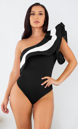 Beach Chic <br><span> White Black One Shoulder Stripe Pattern Mesh Ruffle One Piece Bodysuit Swimsuit Monokini </span>