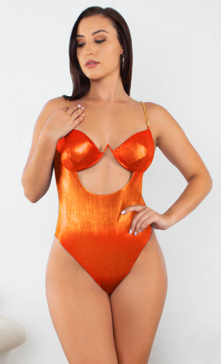 Slick Shine Orange Reflective Metallic Chain Strap V Neck Cut Out Bodysuit Top