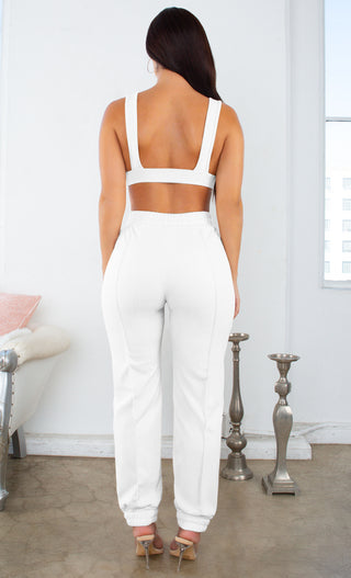 Hardly Working Beige Ribbed Sleeveless Scoop Neck Crop Top Elastic Waist Jogger Pant Two Piece Lounge Jumpsuit Set