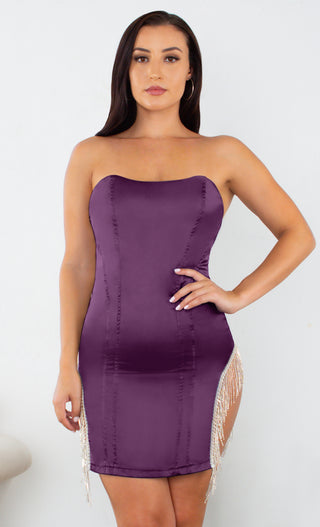 Love Me Better Purple Satin Bustier Strapless Rhinestone Cut Out Sides Fringe Bodycon Mini Dress - 2 Colors Available