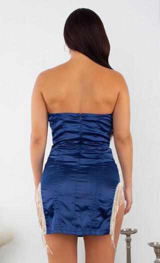 Love Me Better Blue Satin Bustier Strapless Rhinestone Cut Out Sides Fringe Bodycon Mini Dress - 2 Colors Available