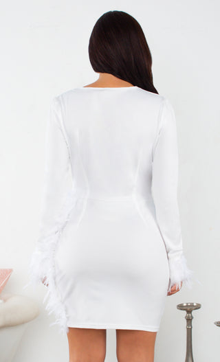Always Beautiful White Sheer Mesh Sequin Feather Long Sleeve Plunge V Neck Cut Out Slit Bodycon Mini Dress