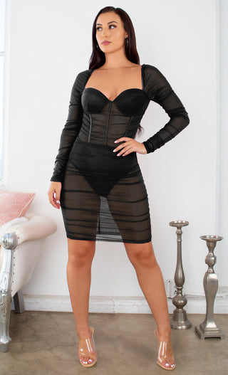 I Told You So Black Sheer Mesh Ruched Long Sleeve Sweetheart Neck Bustier Bodycon Mini Dress - 2 Colors Available