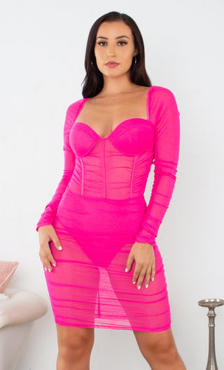 I Told You So Fuchsia Pink Sheer Mesh Ruched Long Sleeve Puff Shoulder Sweetheart Neck Bustier Bodycon Mini Dress - 2 Colors Available