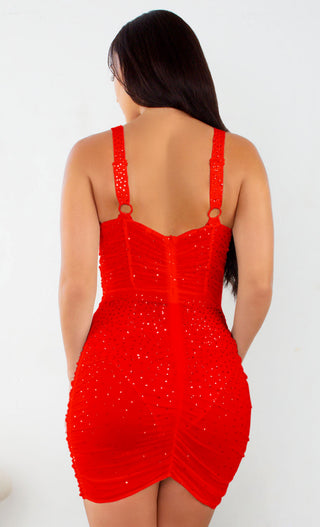 Glimmering Nights Red Rhinestone Crystal Sheer Mesh Sleeveless Spaghetti Strap Bustier Bodycon Ruched Mini Dress