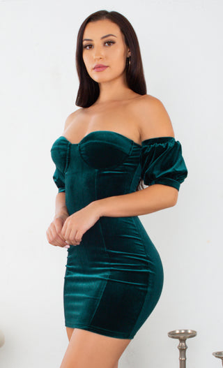 Up To The Minute Emerald Green Velvet Short Puff Sleeve Off The Shoulder V Neck Bodycon Mini Dress
