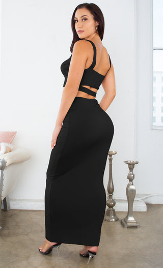 Missing Miami <br><span>Black Sleeveless Spaghetti Strap Scoop Neckline Cut Out Waist Bodycon Maxi Dress</span>
