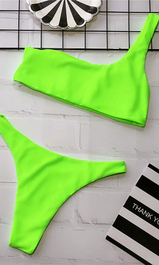 Splash Party <br><span> One Shoulder Bandeau Top High Cut Brazilian Thong Two Piece Bikini Swimsuit </span>