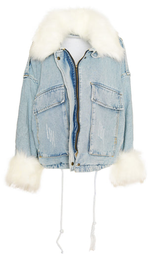 Ski Bunny <br><span>Blue Denim White Faux Fur Long Sleeve Zipper Drawstring Flap Pocket Outerwear Jacket Coat</span>