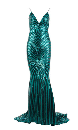 Feel the Spark <br><span>Emerald Green Sequin Geometric Pattern Sleeveless Spaghetti Strap V Neck Mermaid Maxi Dress</span>