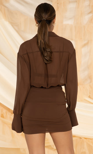 Bare With Me Cocoa Chocolate Brown Sheer Long Sleeve Blouse V Neck Bikini Top Ruched Bodycon Mini Dress
