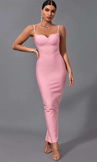 Posh Abilities <br><span>Pink Sleeveless Spaghetti Strap Sweetheart Neck Bodycon Bandage Maxi Dress</span>