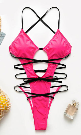 Would I Ever Fuchsia Pink<br><span> Sleeveless Plunge V Neck Crisscross Strap High Cut Backless Thong Monokini One Piece Swimsuit</span>