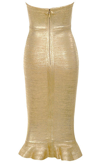 Pure Excitement Gold Metallic Strapless Square Neck Ruffle Hem Bodycon Bandage Midi Dress