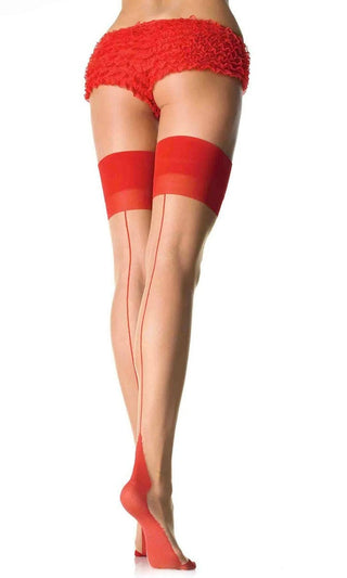 Never Forget Me <br><span>Nude Red Sheer Cuban Heel Back Seam Thigh High Stockings Tights Hosiery</span>