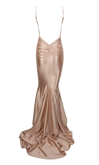 Glowing Goddess Champagne Nude Sleeveless Spaghetti Strap Plunge V Neck Ruched Back Mermaid Maxi Dress