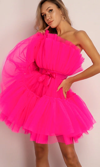 Birthday Girl<br><span>Puffy Fuchsia Pink Strapless Satin Bow Elastic Belt Crinkled Micro Pleated Ruffle Tulle Poofy Tutu Skater Flare Mini Dress</span>