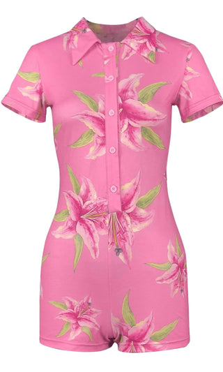 Sunshine State<br><span> Pink Tropical Floral Pattern Button Up Collared Romper Short Sleeve</span>