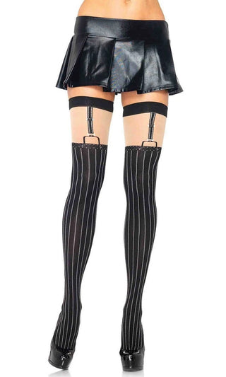 Gangster's Paradise <br><span>Nude Black Vertical Pinstripe Pattern Suspender Cut Out Thigh High Stockings Tights Hosiery</span>