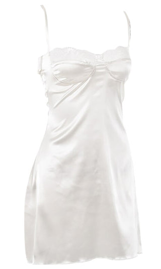 Bedside Manner <br><span>Brown Satin Lace Trim Sleeveless Spaghetti Strap Cut Out Back Mini Slip Dress</span>