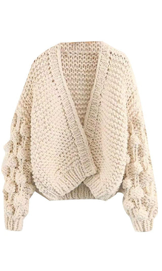 Desert Bound Dusty Pink Pom Pom Bubble Long Lantern Sleeve Chunky Knit Oversized Open Cardigan Outerwear Sweater