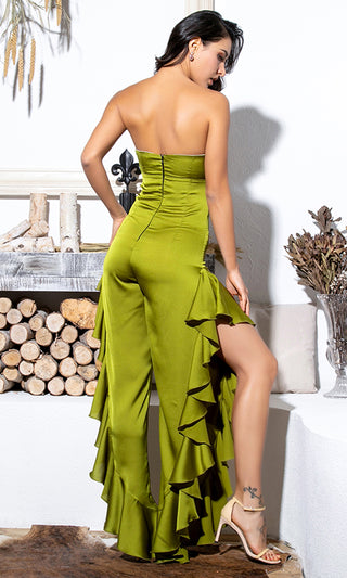 Rhythm Of The Night Green Strapless Sweetheart Cut Out Side Slit Wide Leg Ruffle Jumpsuit