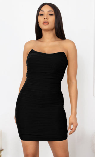 Never Giving You Up Black Bandage Strapless Mesh Draped Pointy Neck Ruched Body Con Mini Dress