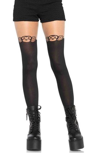 Monkeying Around<br><span> Black Sheer Opaque Monkey Faux Thigh High Stockings Tights Hosiery</span>