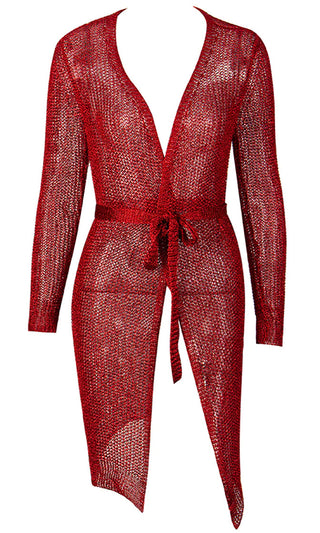 Sultry Shine Red Metallic Knit Mesh Long Sleeve Cross Wrap Plunge V Neck Wrap Belt Sweater Cardigan Mini Dress