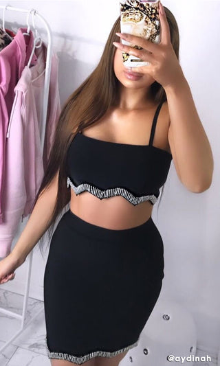 Living For The Weekend Black White Rhinestone Sequin Sleeveless Spaghetti Strap Crop Top Two Piece Bodycon Bandage Mini Dress