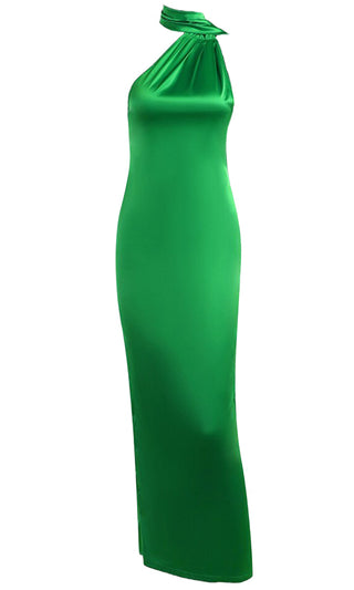 Easy Lover <br><span>Green Satin Sleeveless High Neck Drape Scarf Bodycon Maxi Dress</span> -