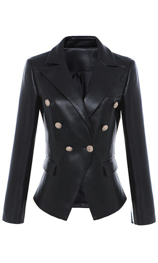 Leading The Pack <br<span>Black PU Faux Leather Double Breasted Gold Button Blazer Jacket Outerwear</span>