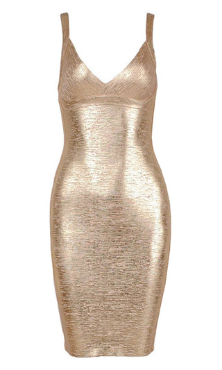 She Wants It All Gold Foil Metallic Sleeveless V Neck Bodycon Bandage Mini Dress